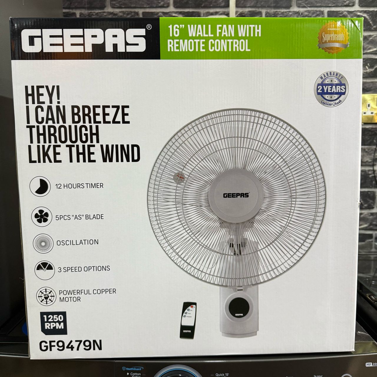 Geepas 16-inch Wall Fan, 60W, 3-Speed Settings w/ Timer, Oscillating & Static Feature, Remote Control, GF9479