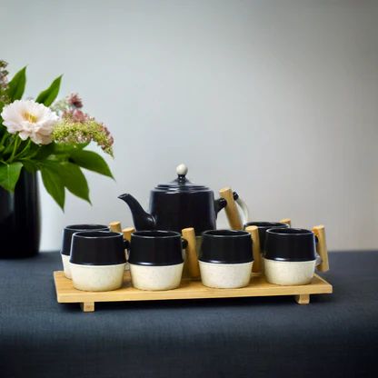 Ceramic Coffee Set Of 8 PCs, Tea/Coffee Cups, Tray And Tea Po