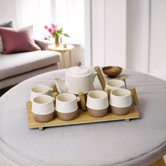 Ceramic Coffee Set Of 8 PCs, Tea/Coffee Cups, Tray And Tea Po