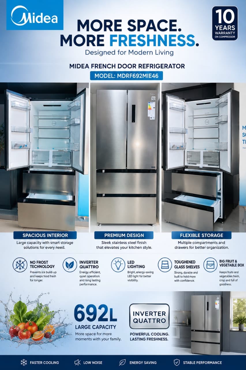 Midea 692L French Door Refrigerator with Inverter Quattro & Flexible Storage - MDRF692MIE46