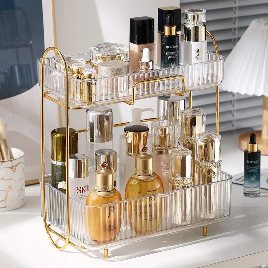 2-Tier Luxury Amber Clear Cosmetic Storage Organizer