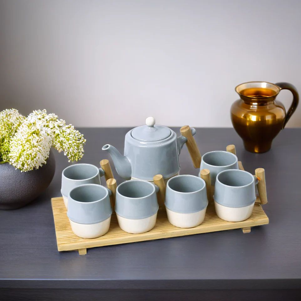Ceramic Coffee Set Of 8 PCs, Tea/Coffee Cups, Tray And Tea Po