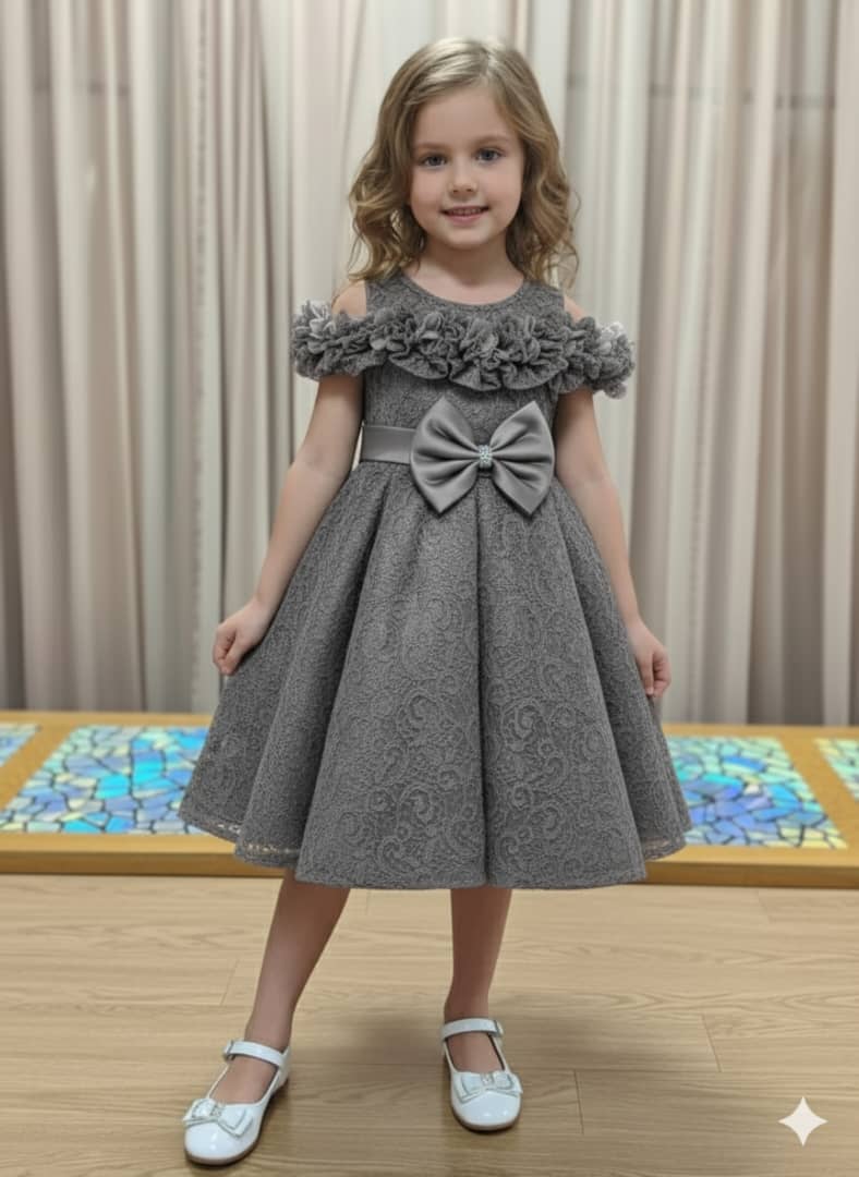 Elegant Girls Grey Party Dress with Bow
