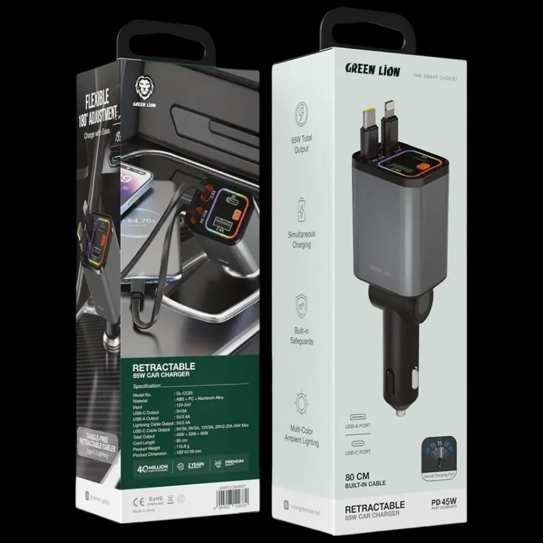 Green Lion Retractable 65W Car Charger