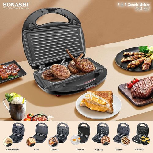 Sonashi 7-in-1 Multi Snack Maker Detachable Sandwich, Grill, Donut, Waffle, Cupcake, Nutty, Omelet Making Plates -Multi
