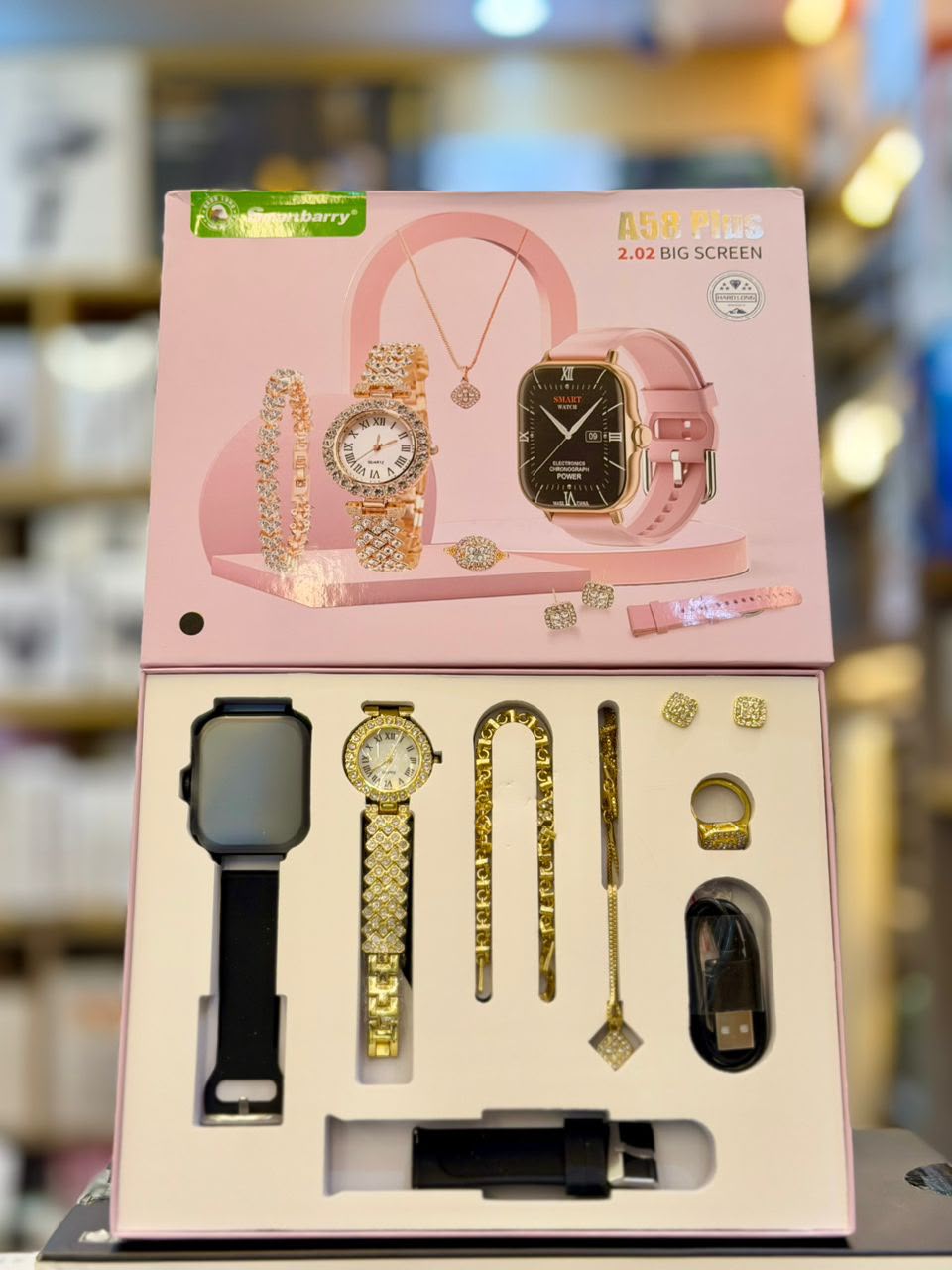 Smartbarry A58 Plus 7-in-1 Gold Colour Women Smartwatch Jewelry Gift Set